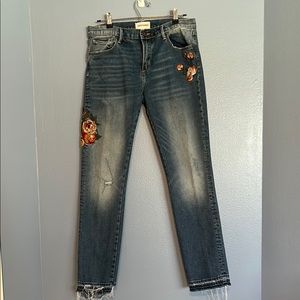 DRIFTWOOD Blue Straight Leg Jeans with Vintage Floral Embroidery